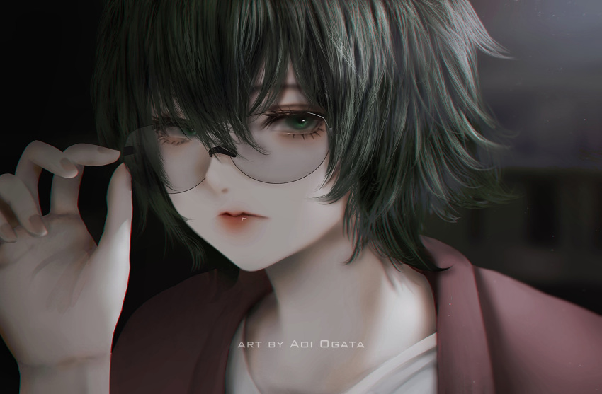 1girl adjusting_eyewear aoi_ogata artist_name bangs black_background black_hair brown_jacket character_request clip_studio_paint_(medium) closed_mouth commentary commission english_commentary eyebrows_behind_hair glasses green_eyes hair_between_eyes hand_up highres jacket looking_at_viewer red_lips shirt solo tokyo_ghoul tokyo_ghoul:re white_shirt