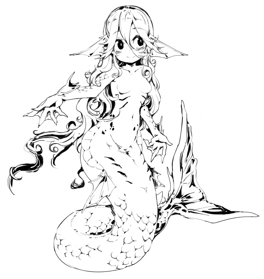 1girl absurdres blush breasts closed_mouth full_body gills hair_between_eyes head_fins highres long_hair looking_to_the_side ls-lrtha mermaid monochrome monster_girl no_nipples original scales simple_background small_breasts smile solo tail webbed_hands white_background