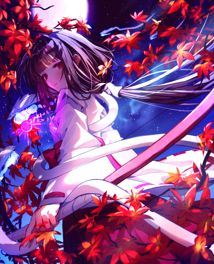 1girl bangs black_hair blunt_bangs blush bow_(weapon) facing_away floating_hair from_side hair_tubes hakama highres holding holding_weapon inuyasha japanese_clothes kikyou_(inuyasha) leaf long_hair looking_at_viewer miko moon night open_mouth ponytail red_eyes red_hakama shinidamachuu sky solo star_(sky) starry_sky teeth tree_branch weapon wide_sleeves wind yorurui_sansan