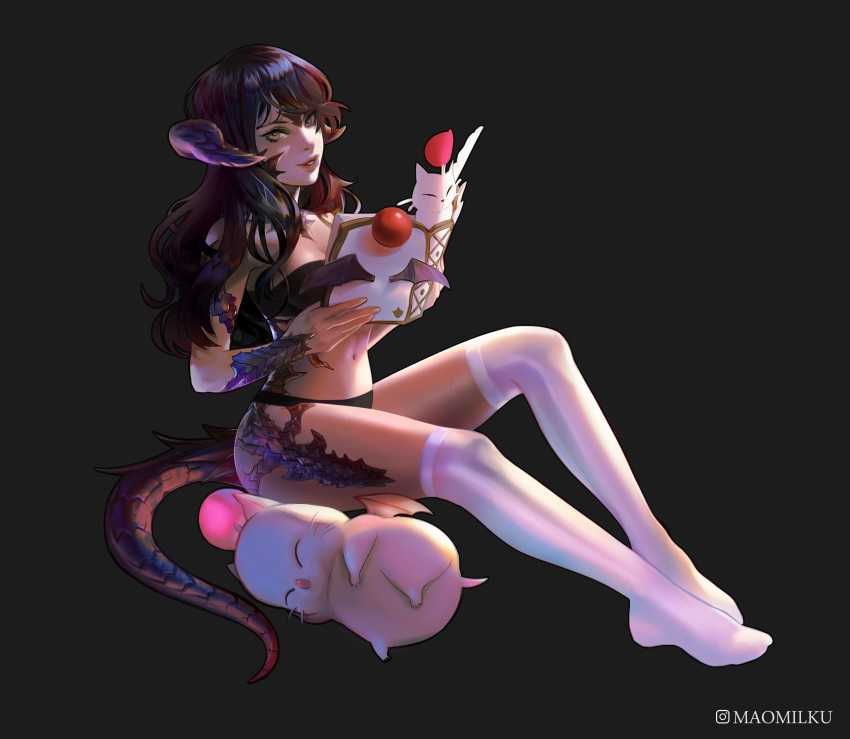 1girl absurdres au_ra bangs black_bra black_hair black_horns black_panties book bra commission dragon_horns dragon_tail final_fantasy final_fantasy_xiv grey_background highres horns lips long_hair looking_at_viewer maomilku moogle navel open_book panties parted_lips scales second-party_source sitting solo strapless strapless_bra tail thigh-highs underwear white_legwear yellow_eyes