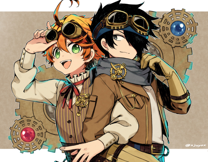 1boy 1girl adjusting_goggles adjusting_scarf ahoge back-to-back belt black_hair blue_scarf brown_background brown_gloves brown_jacket brown_vest chinese_commentary commentary_request corset emma_(yakusoku_no_neverland) fork gears gloves goggles goggles_on_head green_eyes grey_eyes hair_over_one_eye jacket jiyuu_(xjuyux) knife letterboxed locked_arms long_sleeves necktie open_clothes open_jacket open_mouth orange_hair pouch ray_(yakusoku_no_neverland) red_neckwear scarf short_hair smile steampunk striped striped_vest twitter_username upper_teeth vest wavy_hair yakusoku_no_neverland