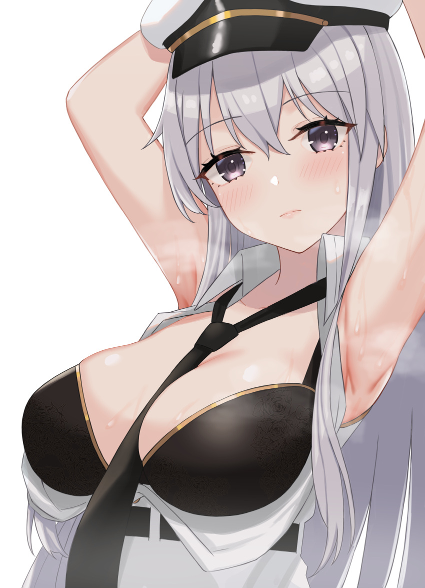 1girl absurdres armpits arms_up azur_lane bangs between_breasts black_bra black_neckwear blush bra breasts closed_mouth collared_shirt commentary_request enterprise_(azur_lane) eyebrows_visible_through_hair floral_print hat highres kuwahara_taiki long_hair looking_at_viewer necktie necktie_between_breasts open_clothes open_shirt peaked_cap print_bra rose_print shirt simple_background sleeveless sleeveless_shirt solo steaming_body straight_hair sweat underwear upper_body violet_eyes white_headwear white_shirt