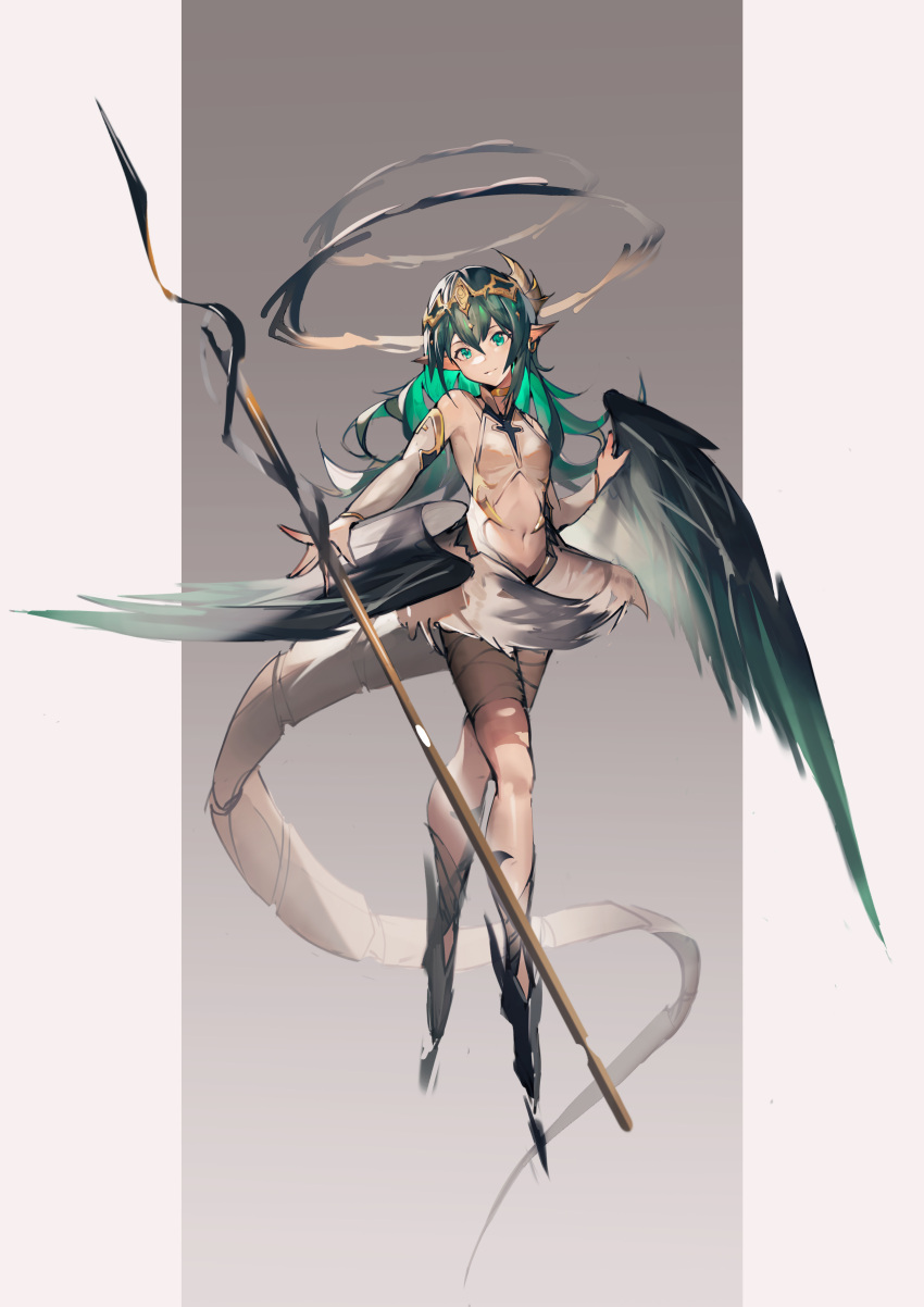 1girl absurdres bangs breasts closed_mouth collared_dress commentary detached_sleeves dress ear_piercing earrings feathered_wings full_body gold_choker green_eyes green_hair grey_background hair_between_eyes headwear highres holding holding_lance holding_polearm holding_weapon jewelry kkj25 lance long_hair long_sleeves looking_at_viewer navel original piercing pointy_ears polearm simple_background smile solo standing stomach tail wavy_hair weapon white_background white_dress wings