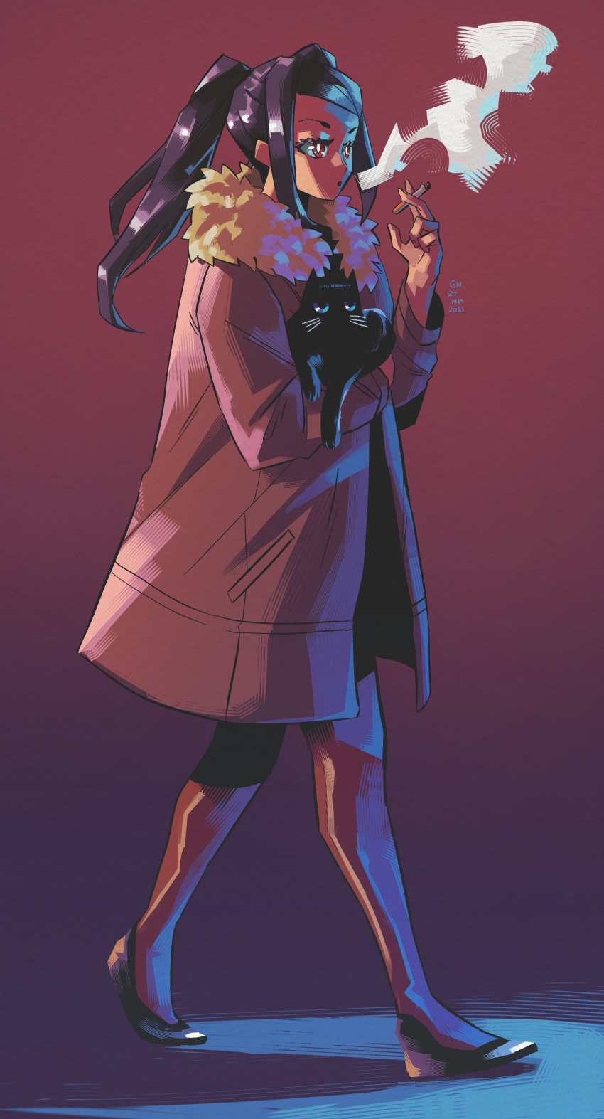 absurdres black_cat blue_eyes blue_hair cat cigarette coat fluffy fore gnrtnm high_heels highres holding jill_stingray open_mouth pantyhose red_eyes simple_background smoke twintails va-11_hall-a walking