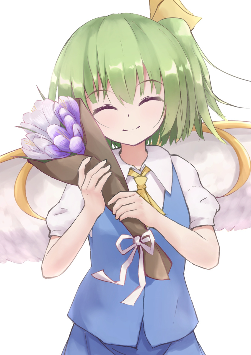 1girl blue_skirt blue_vest bouquet closed_eyes commentary_request cravat crocus_(flower) daiyousei eyebrows_visible_through_hair facing_viewer fairy_wings flower green_hair hair_between_eyes head_tilt highres holding holding_bouquet one_side_up puffy_short_sleeves puffy_sleeves resa_7z_(resastr) ribbon shirt short_hair short_sleeves simple_background skirt smile solo standing touhou upper_body vest white_background white_shirt wings yellow_neckwear yellow_ribbon