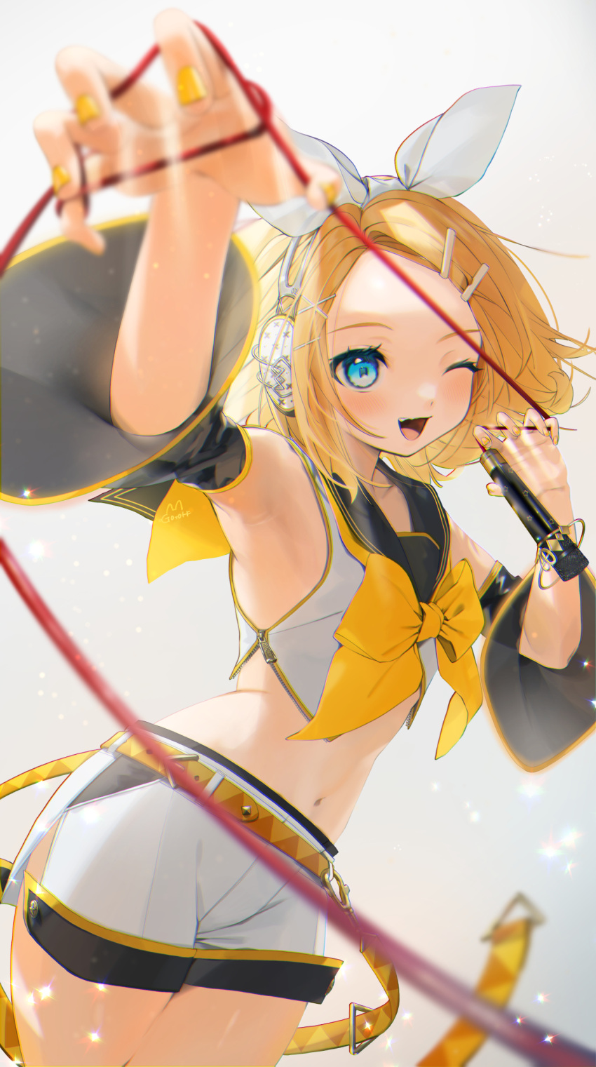 1girl ;d armpits bangs bare_shoulders black_sleeves blonde_hair blue_eyes blush commentary cowboy_shot crop_top detached_sleeves flat_chest gotoh510 hair_ornament hair_ribbon hairclip headphones highres holding_cable kagamine_rin looking_at_viewer microphone midriff nail_polish navel neck_ribbon one_eye_closed open_mouth parted_bangs ribbon sailor_collar shirt short_hair short_shorts shorts simple_background sleeveless sleeveless_shirt smile solo standing vocaloid white_background white_ribbon white_shirt white_shorts yellow_belt yellow_nails yellow_neckwear