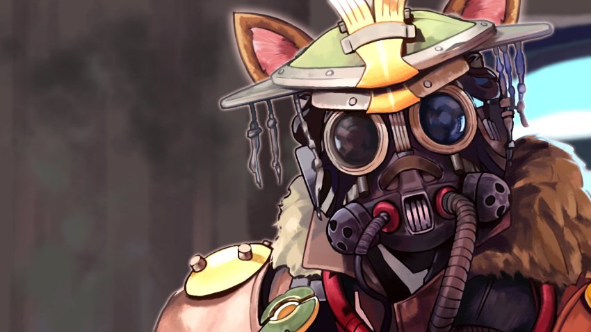 1other ambiguous_gender animal_ears apex_legends bloodhound_(apex_legends) brown_jacket cable fur_trim gas_mask goggles head_tilt helmet jacket jeck_zero korean_commentary looking_at_viewer mask md5_mismatch mouth_mask solo upper_body