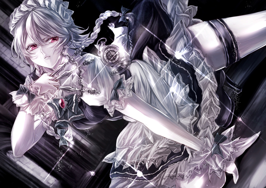 1girl bangs between_fingers breasts commentary_request foot_out_of_frame hair_between_eyes high_heels highres holding holding_knife izayoi_sakuya jan_(lightdragoon) knife looking_to_the_side maid_headdress medium_breasts red_eyes short_hair silver_hair solo throwing_knife touhou weapon white_headwear