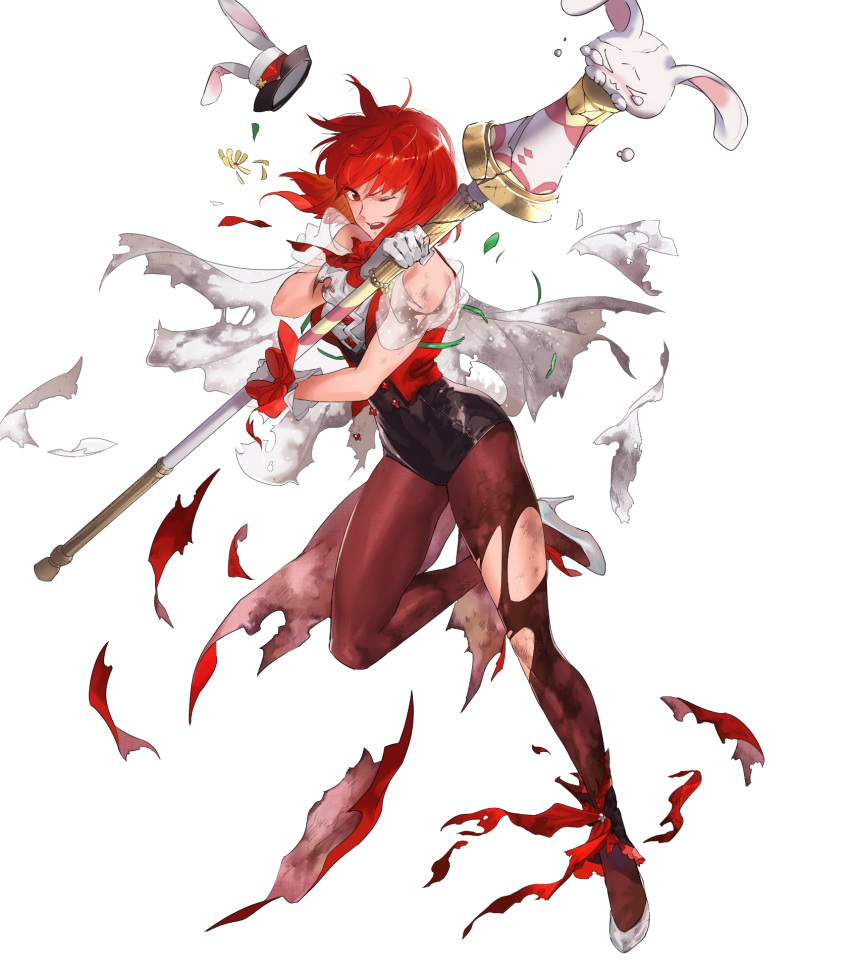 1girl breasts bunny_tail capelet fire_emblem fire_emblem:_mystery_of_the_emblem fire_emblem_heroes full_body gloves hat high_heels highres leotard mayo_(becky2006) medium_breasts minerva_(fire_emblem) mini_hat official_art pantyhose polearm red_eyes redhead shiny shiny_hair short_hair sleeveless smile solo tail transparent_background weapon white_gloves