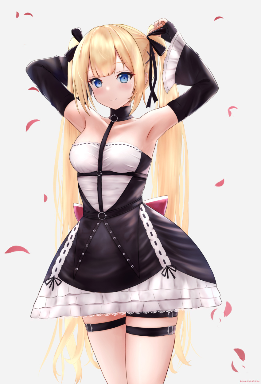 1girl amano_kusatsu armpits azur_lane black_ribbon blonde_hair blue_eyes blush breasts closed_mouth dead_or_alive dress dress_bow eyebrows_visible_through_hair feet_out_of_frame floral_background hair_ornament hair_ribbon hand_in_hair highres long_hair looking_at_viewer marie_rose medium_breasts petals ribbon rose_petals smile solo standing twintails white_background