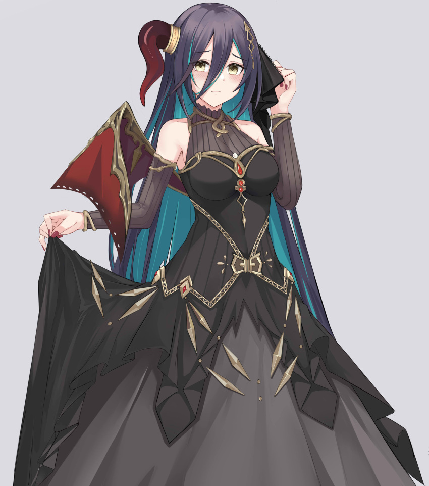 1girl absurdres aqua_hair bare_shoulders between_breasts black_dress breasts character_request closed_mouth covered_navel curled_fingers detached_sleeves dress eyebrows_visible_through_hair frown gem gold_trim hair_between_eyes hair_ornament hairclip hand_up highres horns jewelry kuyouml lifted_by_self long_dress long_hair multicolored_hair princess_connect! purple_hair red_nails simple_background single_horn solo streaked_hair two-tone_hair yellow_eyes