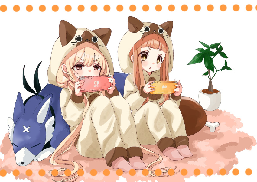 2girls :o alternate_costume animal_hood bangs blonde_hair boned_meat brown_hair carpet cat_hood concentrating cushion dog food futaba_anzu highres hood ichihara_nina idolmaster idolmaster_cinderella_girls long_hair matching_outfit meat multiple_girls pajamas playing_games rino_cnc sitting sleeping sparkling_eyes white_background yellow_eyes