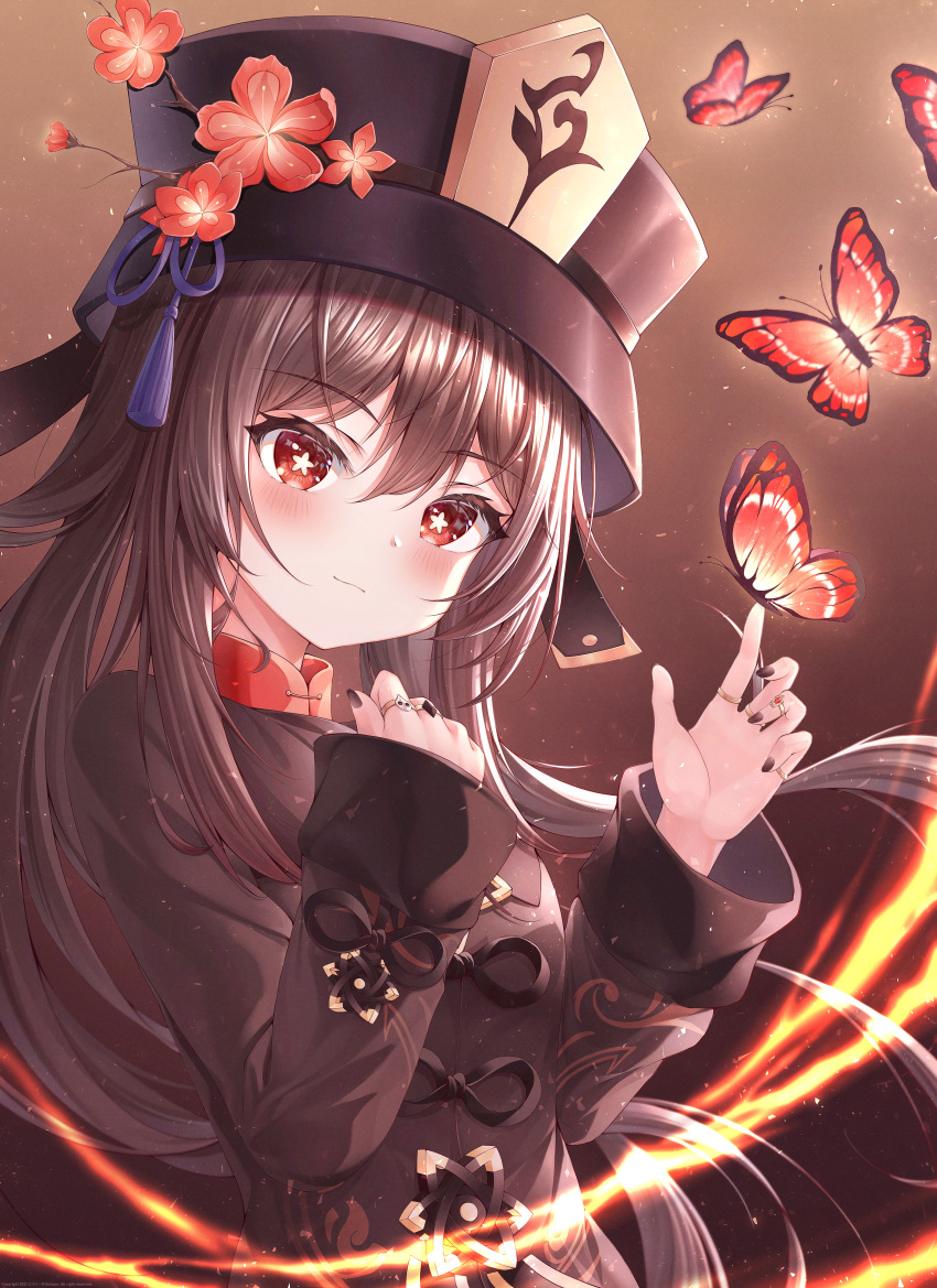 1girl absurdres bangs black_headwear black_nails blush brown_hair brown_shirt bug butterfly chinese_clothes commentary_request english_commentary eyebrows_visible_through_hair fingernails flower genshin_impact hair_flower hair_ornament hands_up highres hu_tao ichizon insect jewelry long_hair long_sleeves looking_at_viewer multiple_rings nail_polish red_butterfly red_eyes ring shirt solo star-shaped_pupils star_(symbol) symbol-shaped_pupils tassel twintails