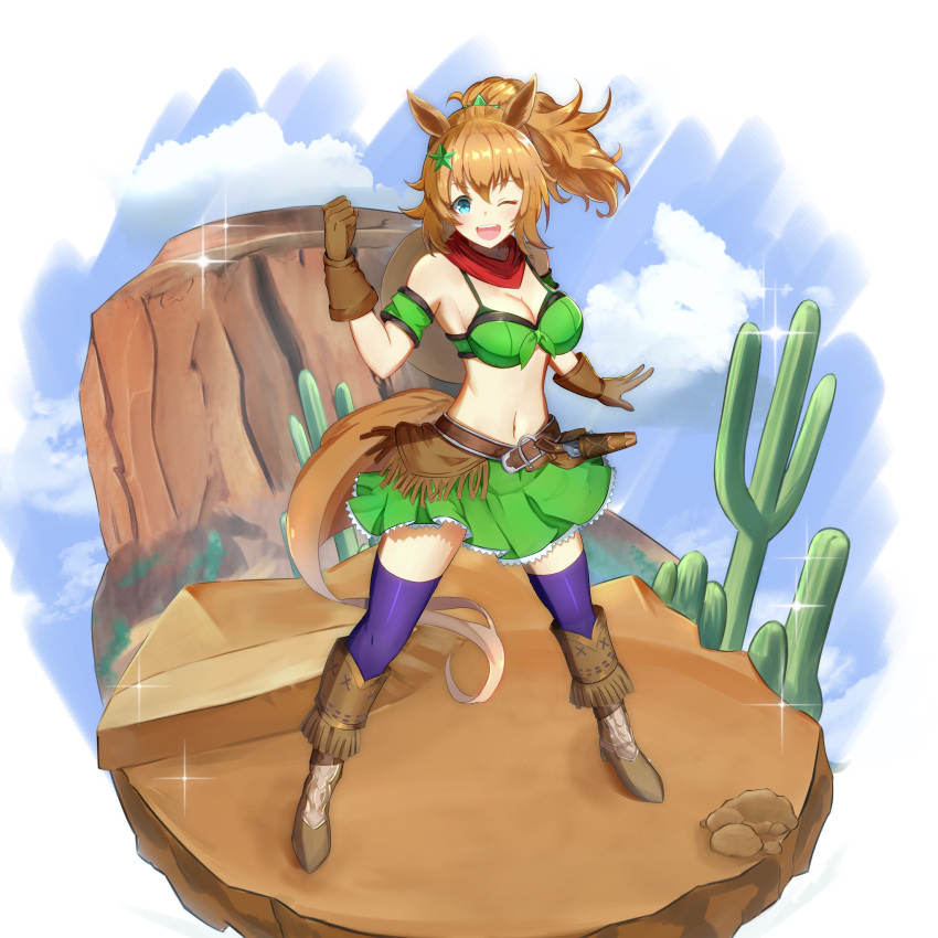 1girl ;d animal_ears arm_up armband bare_shoulders blue_eyes blue_legwear boots brown_footwear brown_gloves brown_hair cactus clouds commentary_request cowboy_boots crop_top day gao_kawa gloves green_shirt green_skirt hair_ornament highres holstered_weapon horse_ears horse_girl horse_tail looking_at_viewer medium_hair miniskirt one_eye_closed open_mouth ponytail red_scarf revolver scarf shirt skirt sky smile solo standing star_(symbol) star_hair_ornament taiki_shuttle tail teeth thigh-highs umamusume upper_teeth