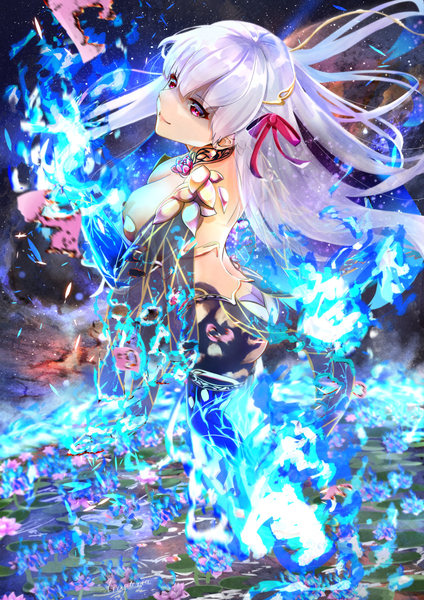 1girl absurdres armlet armor ass back bangs bare_shoulders bikini_armor blue_fire blush bracelet breasts circlet collar earrings fate/grand_order fate_(series) fire hair_ribbon highres huge_filesize jewelry kama_(fate) large_breasts long_hair looking_at_viewer metal_collar petals red_eyes ribbon ring silver_hair smile thighlet thighs trapiorra