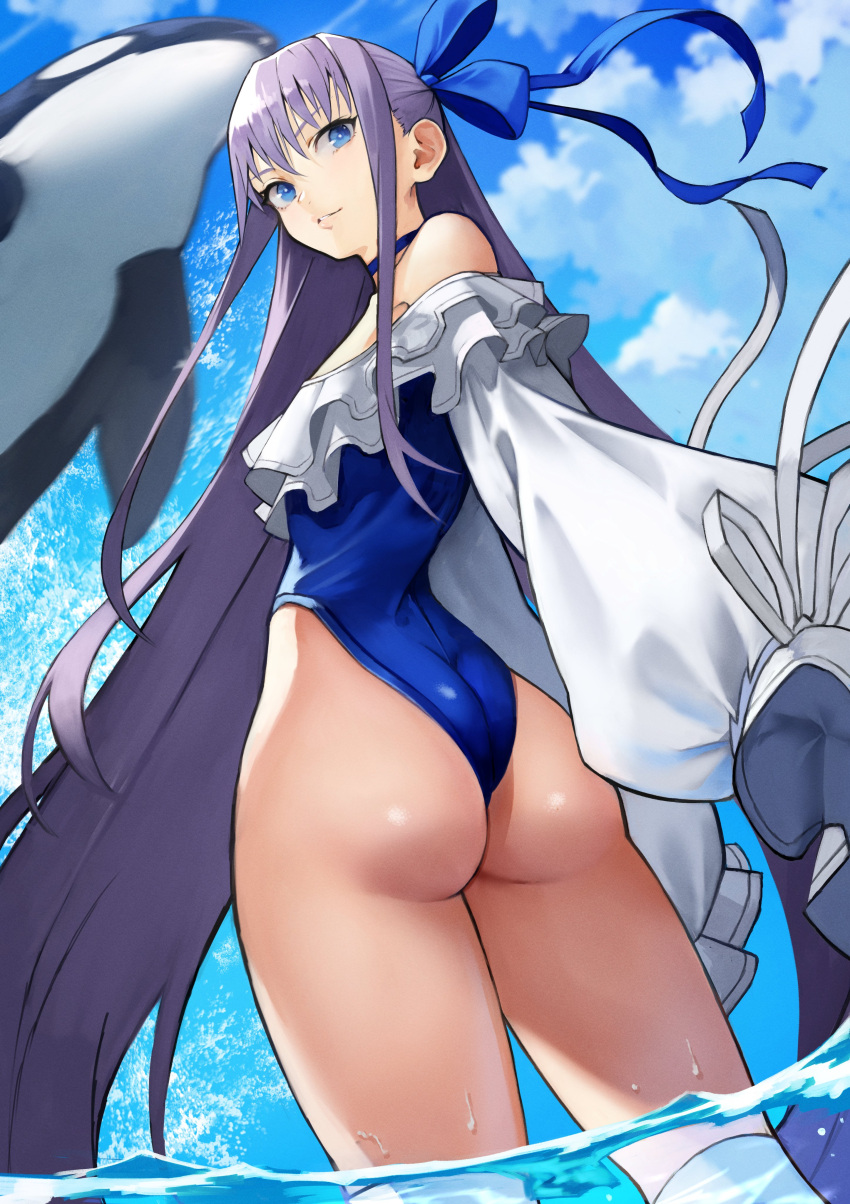 1girl absurdres ass back bangs bare_shoulders blue_eyes blue_ribbon blue_sky breasts choker closed_mouth fate/grand_order fate_(series) frills hair_ribbon highleg highleg_swimsuit highres long_hair long_sleeves looking_back meltryllis_(fate) meltryllis_(swimsuit_lancer)_(fate) off-shoulder_swimsuit off_shoulder one-piece_swimsuit orca puffy_sleeves purple_hair revision ribbon sky sleeves_past_fingers sleeves_past_wrists small_breasts swimsuit thighs very_long_hair white_ribbon yoshio_(55level)