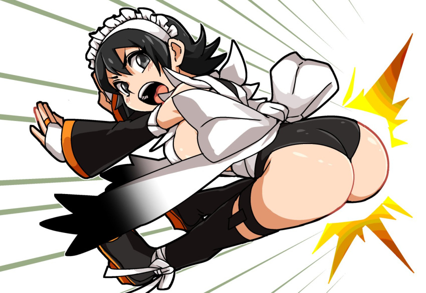 1girl apron ass black_eyes black_hair black_legwear black_leotard blue_scarab breasts eyebrows flying hair_between_eyes iroha_(samurai_spirits) japanese_clothes large_breasts leotard maid maid_headdress open_mouth samurai_spirits sandals sideboob thigh-highs thighs tongue white_apron white_background