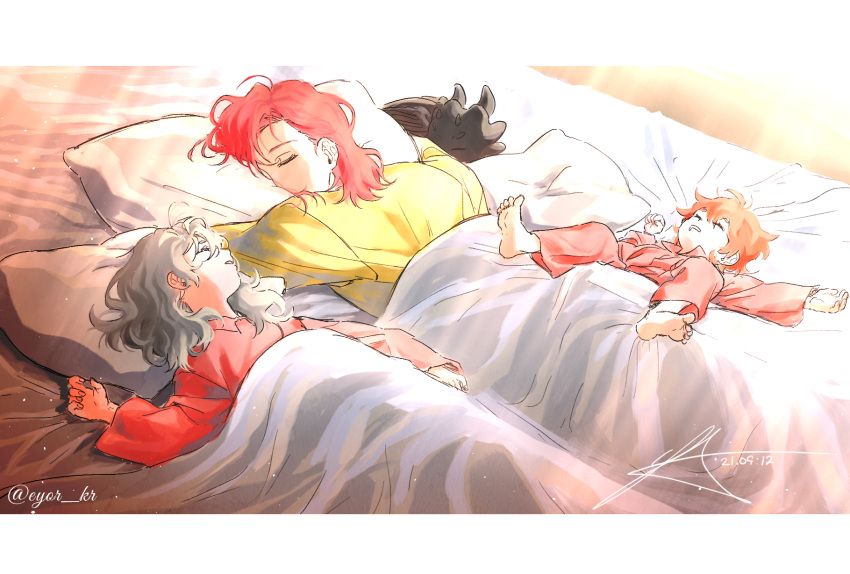 1girl 3boys artist_name barefoot bed_sheet border cale_henituse child dated dragon drooling eyor_kr female_child grey_hair highres hong_(lout_of_count's_family) korean_commentary light_rays long_hair long_sleeves lout_of_count's_family lying male_child multiple_boys ohn_(lout_of_count's_family) on_back on_stomach pajamas pillow raon_miru red_pajamas redhead short_hair signature sleeping sunbeam sunlight western_dragon yellow_pajamas