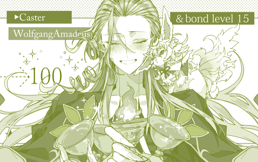 1boy blush character_name closed_eyes coat creature curly_hair facing_viewer fate/grand_order fate_(series) fingernails forehead fou_(fate) gameplay_mechanics green_theme hair_strand highres holy_grail_(fate) long_fingernails male_focus mizuki_(mz) monochrome smile wolfgang_amadeus_mozart_(fate)