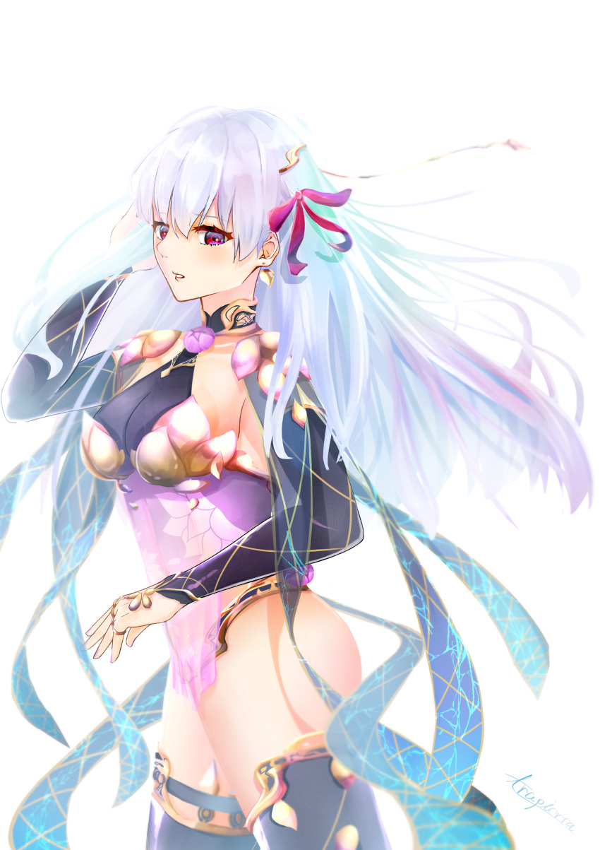 1girl absurdres armlet armor bangs bare_shoulders bikini_armor blush bracelet breasts circlet collar detached_sleeves dress earrings fate/grand_order fate_(series) floral_print hair_ribbon highres jewelry kama_(fate) large_breasts long_hair looking_at_viewer metal_collar pelvic_curtain purple_dress purple_legwear purple_sleeves red_eyes ribbon ring silver_hair thigh-highs thighlet thighs trapiorra white_background