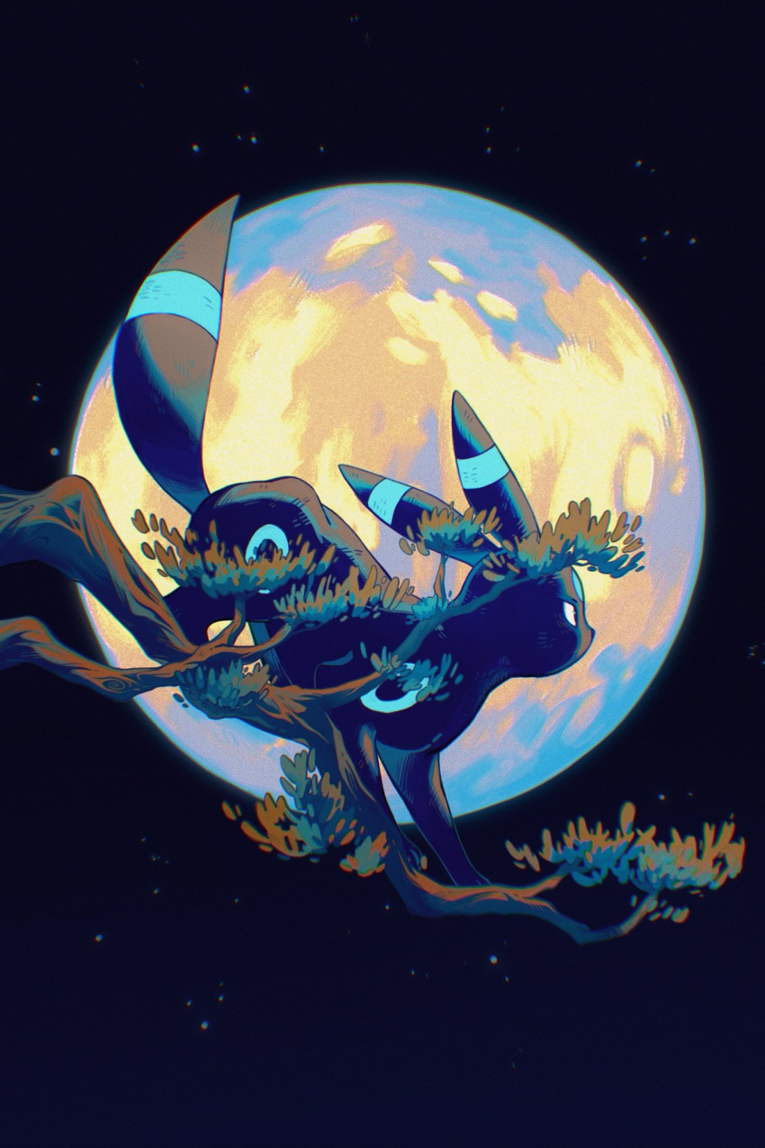 branch commentary_request from_side highres moon night no_humans outdoors pokemon pokemon_(creature) sky solo star_(sky) umbreon wulie_errr