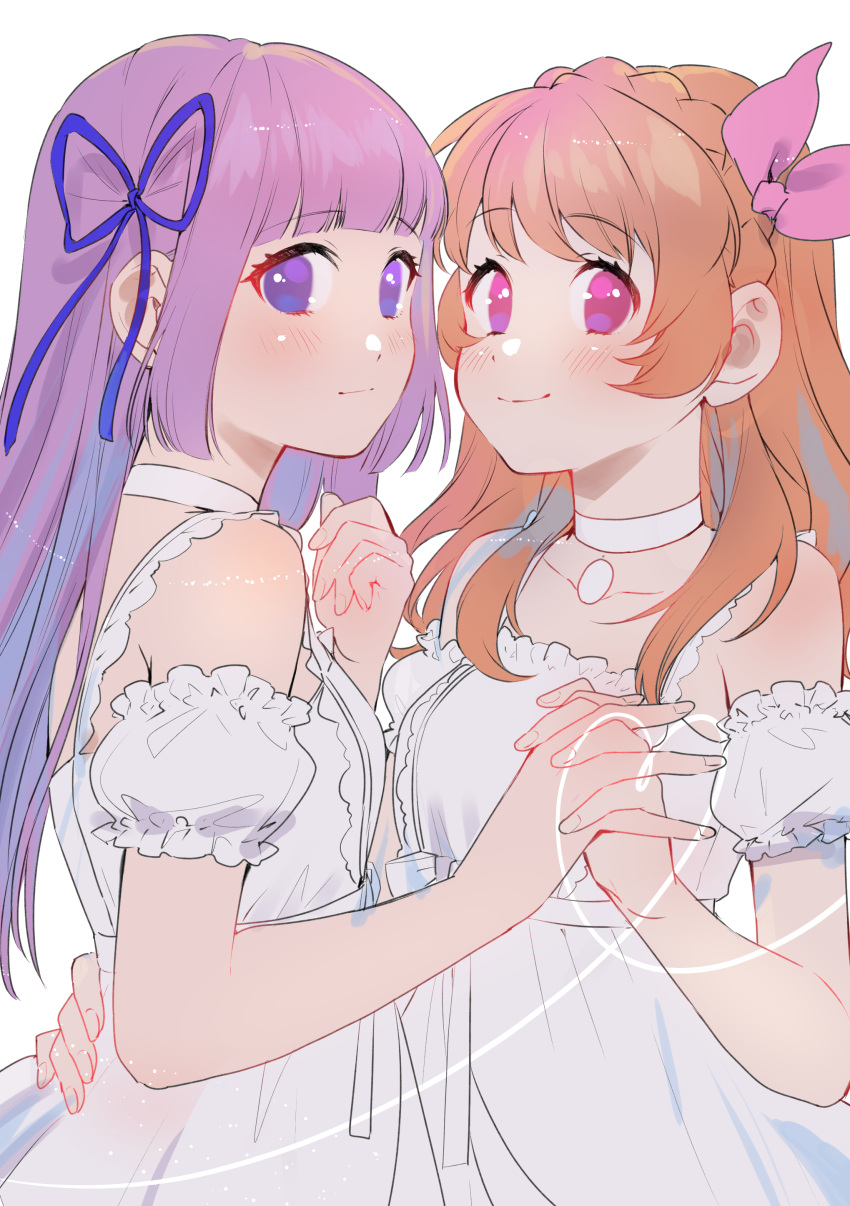 2girls absurdres aikatsu! aikatsu!_(series) bangs bare_shoulders blue_ribbon blunt_bangs blush bow braid choker clenched_hand close-up collarbone crown_braid detached_sleeves dress expressionless eyebrows_visible_through_hair frilled_dress frills geshumaro hair_bow hair_over_shoulder hair_ribbon hand_on_another's_hip heart highres hikami_sumire holding_hands interlocked_fingers long_hair looking_at_viewer multiple_girls oozora_akari orange_hair pink_bow pink_eyes purple_hair ribbon same_height short_sleeves simple_background smile spaghetti_strap upper_body violet_eyes white_background white_choker