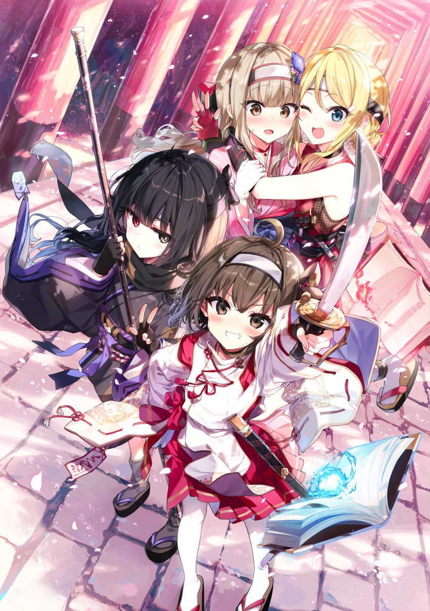 4girls :d ;d absurdres ahoge arikamo_shiren arm_up bangs bare_shoulders black_eyes black_gloves black_hair black_scarf blonde_hair blue_eyes blush book brick_road brown_eyes brown_hair cherry_blossoms chikyuu-san_wa_level_up_shimashita! cover_image day dutch_angle fingerless_gloves floating floating_book floating_object flower forehead_protector gloves grin hair_flower hair_ornament headband heterochromia highres hitsujiya_meiko holding holding_staff holding_sword holding_weapon hug japanese_clothes jitome left-handed light_brown_hair long_hair long_sleeves looking_at_viewer looking_up multiple_girls multiple_torii nagare_ruru ninja nontraditional_miko nose_blush novel_illustration official_art one_eye_closed open_book open_mouth outdoors pantyhose petals red_eyes red_gloves sasagasa_sasara scarf sheath shnva short_hair sidelocks sleeveless smile staff standing sword textless torii v-shaped_eyebrows w weapon white_legwear wide_sleeves zouri