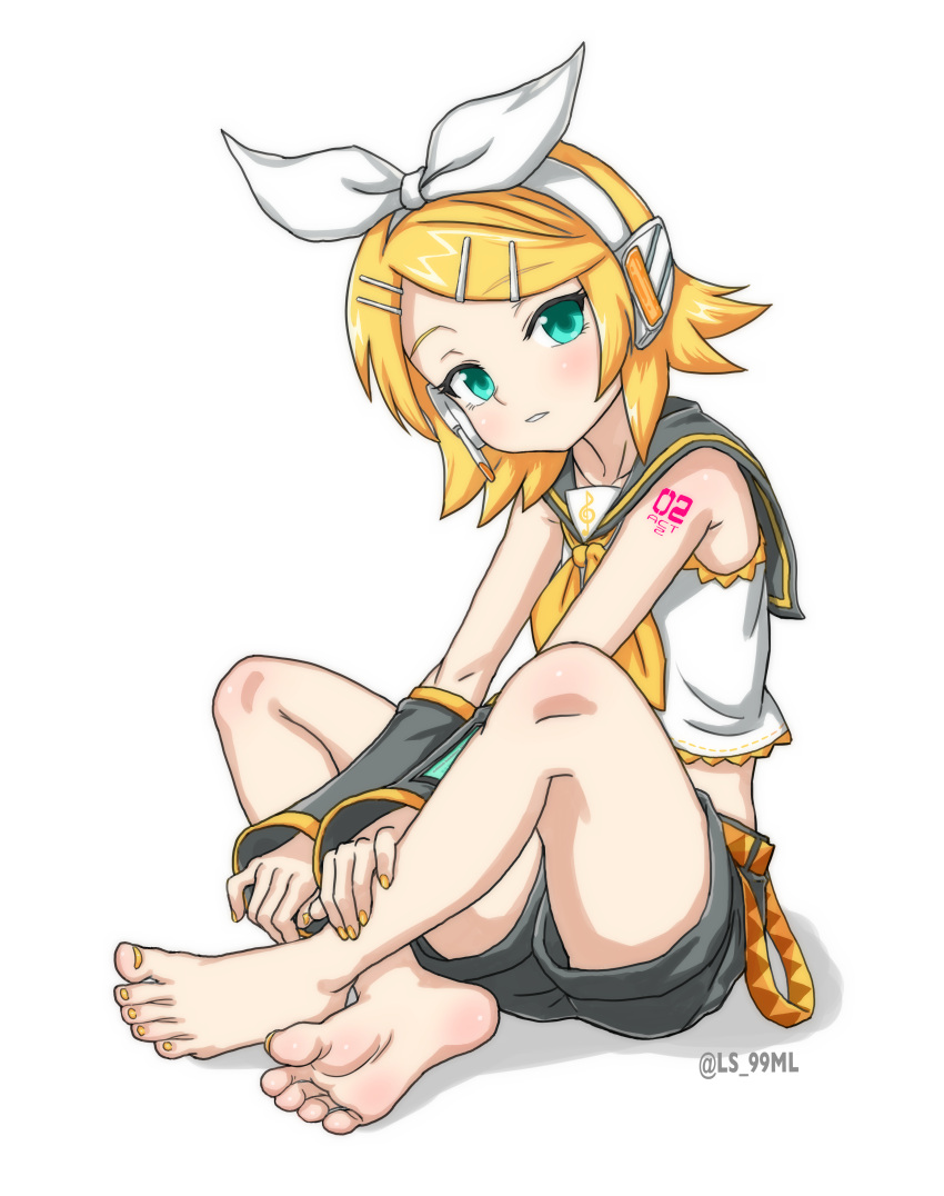 1girl absurdres aqua_eyes bangs bare_shoulders barefoot between_legs blonde_hair bow cel_shading detached_sleeves eyebrows_visible_through_hair flat_chest hair_bow hair_ornament hairclip half-closed_eyes hand_between_legs headphones headset highres indian_style kagamine_rin knees looking_at_viewer ls_99ml number_tattoo parted_lips sailor_collar shirt shorts shoulder_tattoo signature sitting sleeveless sleeveless_shirt solo swept_bangs tattoo toes treble_clef twitter_username vocaloid yellow_nails