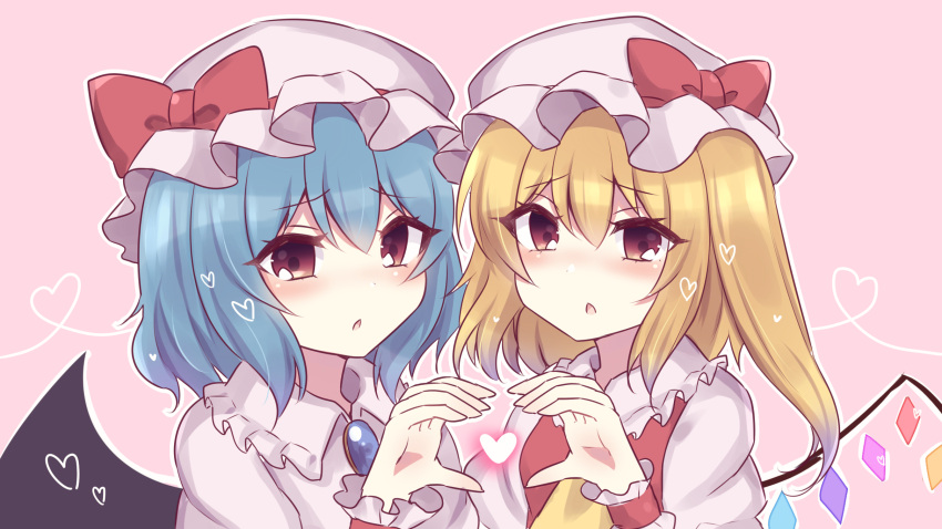 2girls ascot bangs bat_wings blonde_hair blue_hair blush bow eyebrows_visible_through_hair flandre_scarlet hair_between_eyes hat hat_bow heart heart_hands heart_hands_duo highres looking_at_viewer medium_hair mob_cap multiple_girls open_mouth pink_background pink_headwear pink_shirt rainbow red_bow red_eyes red_shirt remilia_scarlet shirt short_hair short_sleeves side_ponytail simple_background subaru_(subachoco) touhou upper_body wings wrist_cuffs yellow_neckwear