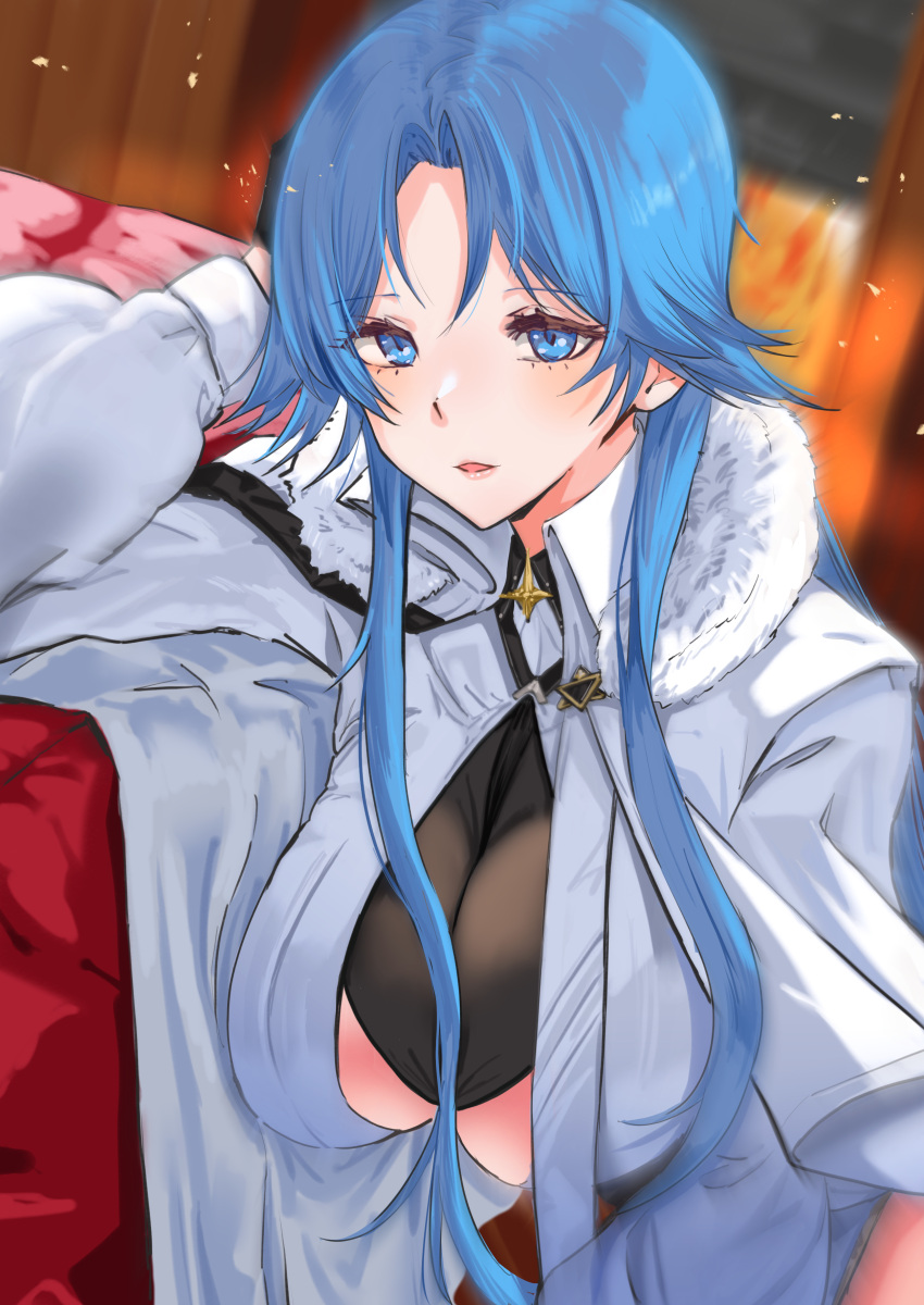 1girl absurdres azur_lane blue_eyes blue_hair breasts coat eyebrows_visible_through_hair hand_on_head highres large_breasts lips long_hair looking_at_viewer open_clothes open_coat open_mouth sankyo_(821-scoville) simple_background solo sovetskaya_belorussiya_(azur_lane) under_boob white_coat