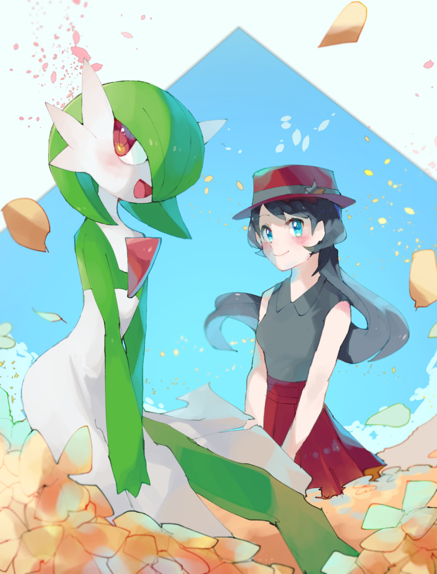 2girls arched_back bangs bare_shoulders black_hair black_shirt blue_background blue_eyes blush bob_cut breasts chikichi closed_mouth collared_shirt colored_skin commentary_request flat_chest flower gardevoir gen_3_pokemon green_hair green_skin hair_over_one_eye hands_together happy hat highres long_hair looking_at_viewer looking_to_the_side multicolored multicolored_skin multiple_girls open_mouth orange_flower petals pleated_skirt pokemon pokemon_(creature) pokemon_(game) pokemon_xy porkpie_hat red_headwear red_skirt serena_(pokemon) shirt shirt_tucked_in short_hair skirt sleeveless sleeveless_shirt small_breasts smile standing star_(symbol) swept_bangs tied_hair two-tone_skin v_arms white_skin
