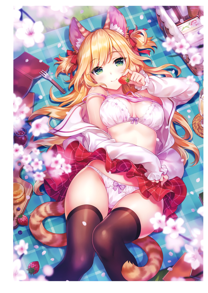 1girl absurdres animal_ears black_legwear blonde_hair blurry blurry_foreground bow bow_panties bra breasts camisole cat_ears cat_tail cherry_blossoms closed_mouth depth_of_field eyebrows_visible_through_hair food fork fruit green_eyes hair_ribbon highres long_hair long_sleeves lying medium_breasts melonbooks non-web_source on_back original outdoors panties picnic picnic_basket ribbon riv scan shirt_lift skirt skirt_lift sleeves_past_wrists smile solo strap_slip strawberry tail thigh-highs two_side_up underwear white_bra white_panties