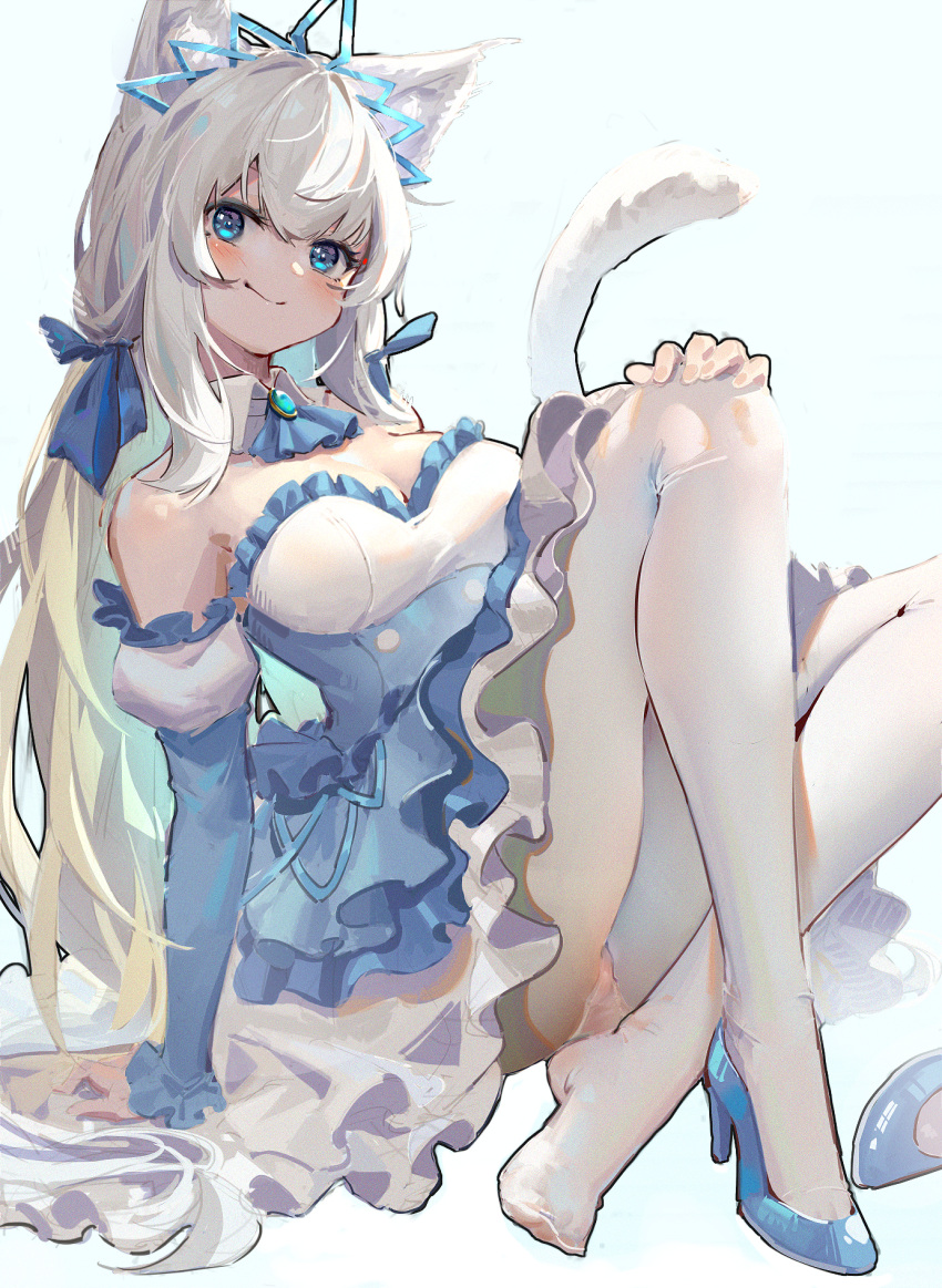 1girl animal_ears bangs bare_shoulders blonde_hair blue_dress blue_eyes blue_ribbon blush breasts choker closed_mouth copyright_request detached_sleeves dress gradient_hair hair_ornament hair_ribbon hand_on_own_knee high_heels highres j.xh long_hair long_sleeves looking_at_viewer multicolored_hair panties pantyhose ribbon shoe_removed sitting smile tail two-tone_hair underwear white_hair white_legwear
