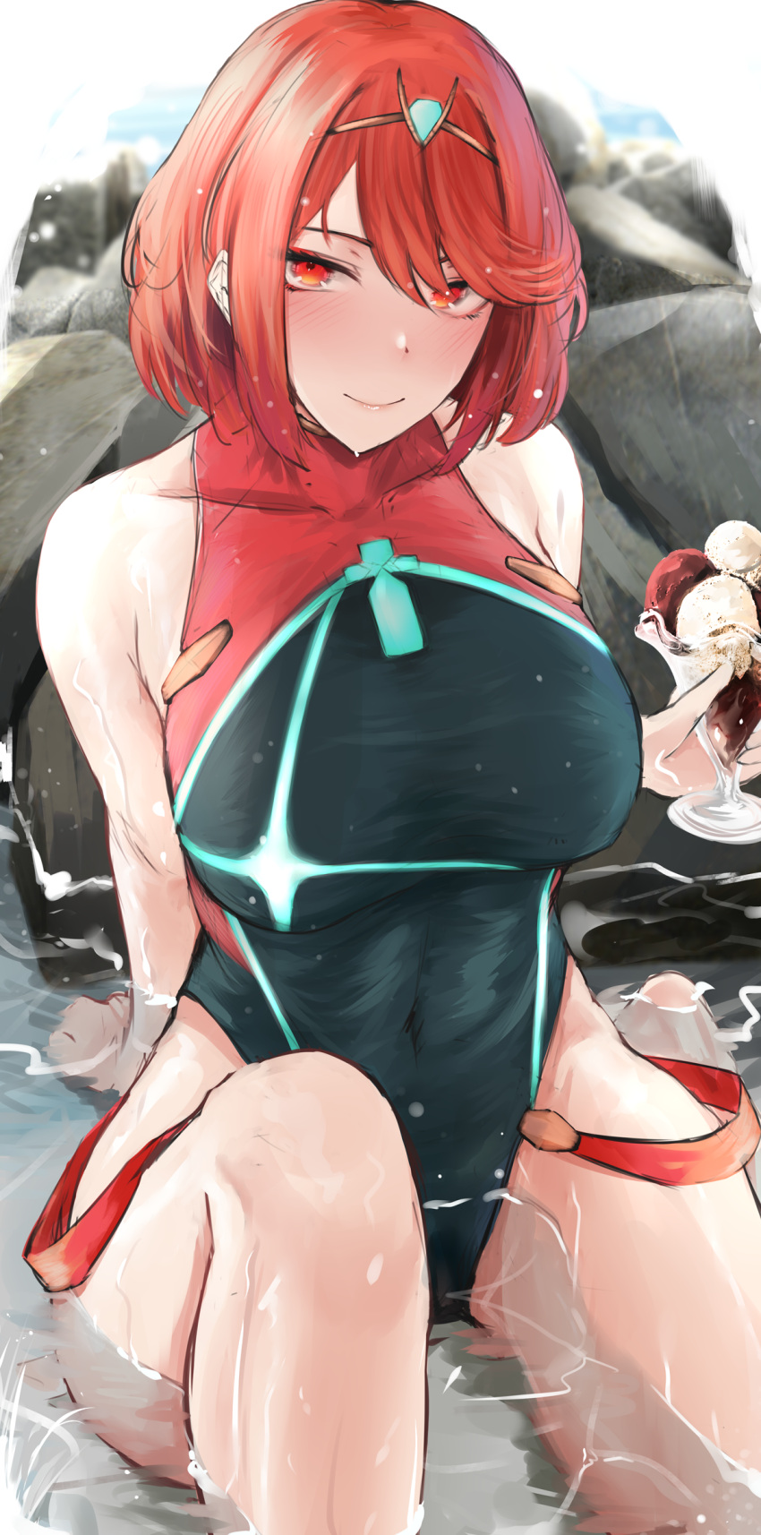 1girl absurdres arm_behind_back bangs bare_arms bare_legs bare_shoulders blush breasts closed_mouth collarbone covered_navel dessert food ginga_elyka highres holding ice_cream in_water knee_up large_breasts outdoors pyra_(xenoblade) red_eyes redhead short_hair sitting smile solo swimsuit swimwear tiara water xenoblade_chronicles_(series) xenoblade_chronicles_2