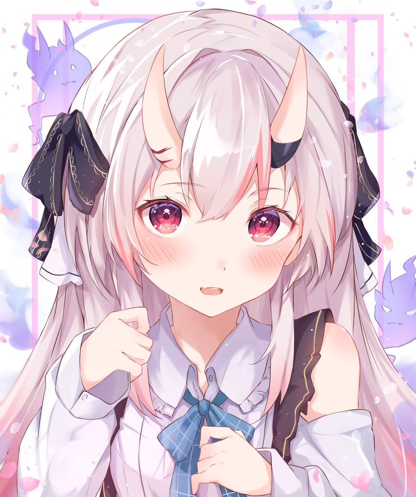 1girl :d absurdres bangs bare_shoulders black_ribbon blue_bow blue_neckwear blush bow bowtie clothing_cutout commentary_request eyebrows_visible_through_hair flat_chest frilled_shirt_collar frills hair_ribbon hands_up highres hololive horns long_sleeves looking_at_viewer multicolored_hair nakiri_ayame nono_i831 oni_horns open_mouth petals pink_eyes plaid plaid_bow plaid_neckwear ribbon shirt shoulder_cutout silver_hair simple_background smile solo streaked_hair upper_body virtual_youtuber white_background white_shirt