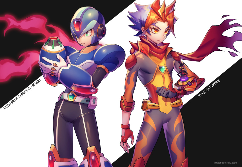 2boys absurdres android arm_at_side arm_cannon armor artist_name belt black_background black_gloves black_skin blue_headwear bodysuit clenched_hand closed_mouth colored_skin copyright_name cowboy_shot crossover dated fingerless_gloves flame_(yu-gi-oh!_vrains) flame_print forehead_jewel gloves green_eyes grey_bodysuit hand_on_own_arm helmet highres homura_takeru looking_to_the_side male_focus mismatched_gloves multicolored_hair multiple_boys red_gloves red_scarf rockman rockman_x rockman_x_command_mission scarf serious shoulder_pads soulburner spiky_hair standing torn_scarf twitter_username two-tone_background weapon white_background white_gloves x_(rockman) yellow_eyes yu-gi-oh! yu-gi-oh!_vrains zero-go