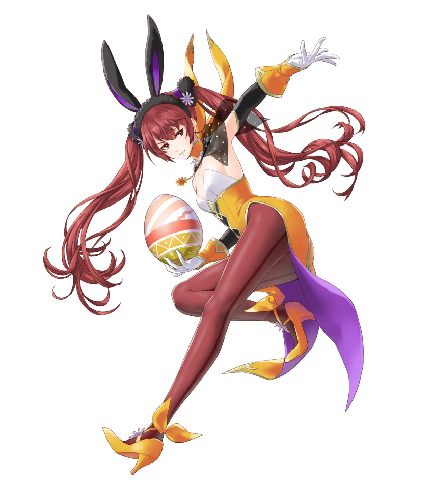1girl animal_ears armpits bangs choker closed_mouth egg fake_animal_ears fire_emblem fire_emblem_awakening fire_emblem_heroes gloves hair_ornament high_heels highres holding kaya8 leg_up leotard lips long_hair looking_at_viewer official_art pantyhose rabbit_ears red_eyes redhead see-through severa_(fire_emblem) shiny shiny_hair sleeveless smile solo strapless strapless_leotard tied_hair transparent_background twintails