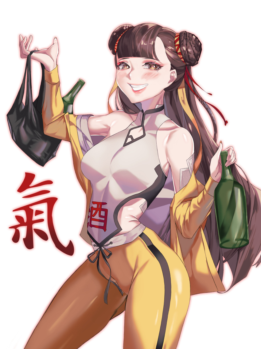1girl absurdres bag bandages bangs bare_shoulders black_survival blunt_bangs blush bottle braid braided_bun brown_eyes brown_hair bruce_lee's_jumpsuit chinese_clothes colive collarbone contrapposto double_bun drawstring dudou hair_ribbon highres holding holding_bag holding_bottle jacket li_dailin lips long_hair long_sleeves looking_at_viewer midriff off_shoulder open_clothes open_jacket pants plastic_bag red_nails red_ribbon ribbon simple_background sleeveless solo very_long_hair white_background yellow_jacket yellow_pants yellow_ribbon