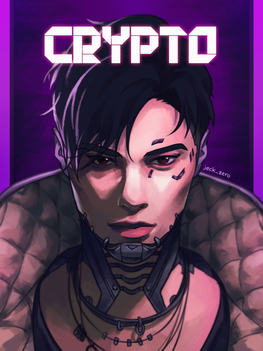 1boy apex_legends artist_name black_hair brown_eyes character_name crypto_(apex_legends) cyborg expressionless eyebrows_visible_through_hair highres jacket jeck_zero looking_at_viewer male_focus parted_hair portrait solo upper_body