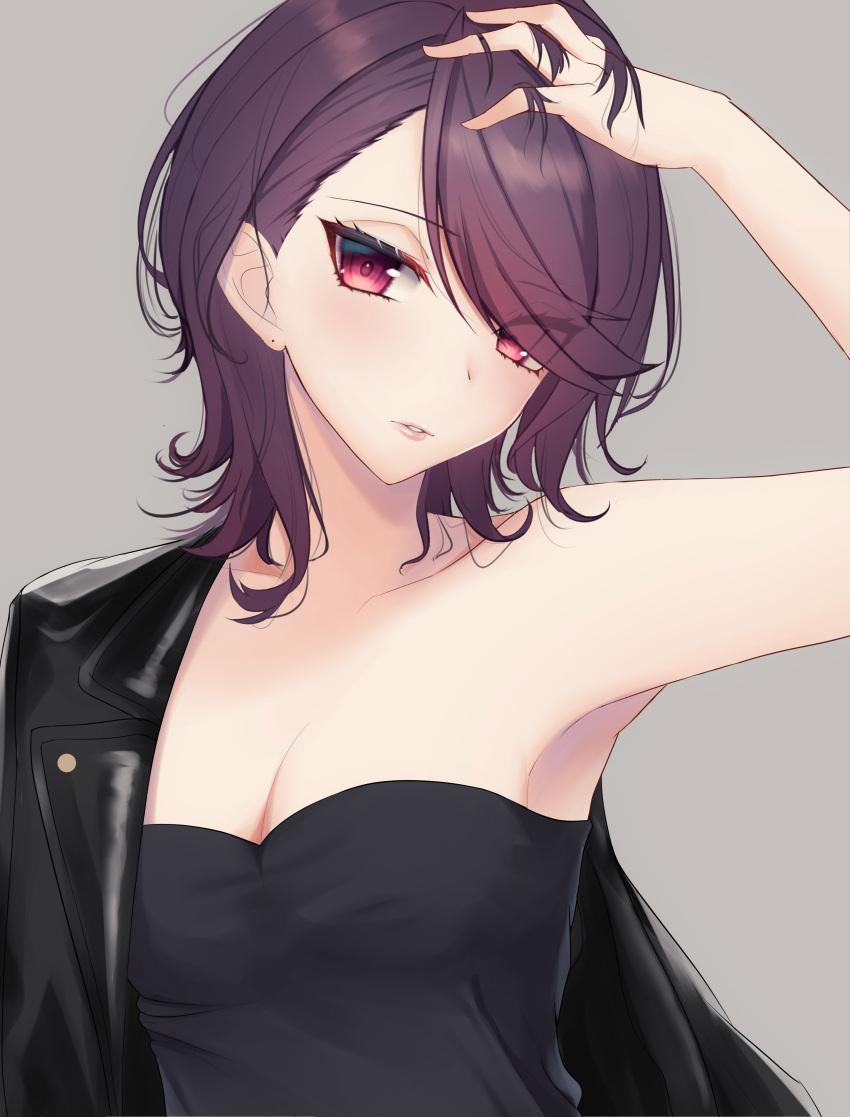 1girl absurdres bangs bare_arms bare_shoulders black_jacket blush breasts close-up collarbone eyebrows_visible_through_hair eyes_visible_through_hair grey_background gundou_mirei hair_over_one_eye hand_on_own_head head_tilt highres jacket jacket_partially_removed leather leather_jacket lips looking_at_viewer nijisanji parted_lips purple_hair rai_(newtype_xm-x1) short_hair simple_background small_breasts solo strapless tubetop upper_body violet_eyes virtual_youtuber