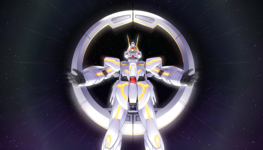 absurdres blue_eyes emphasis_lines gundam gundam_seed gundam_seed_c.e._73:_stargazer gundam_stargazer highres huge_filesize looking_ahead looking_at_viewer mecha mobile_suit no_humans open_hands science_fiction solo space strictly_mecha v-fin