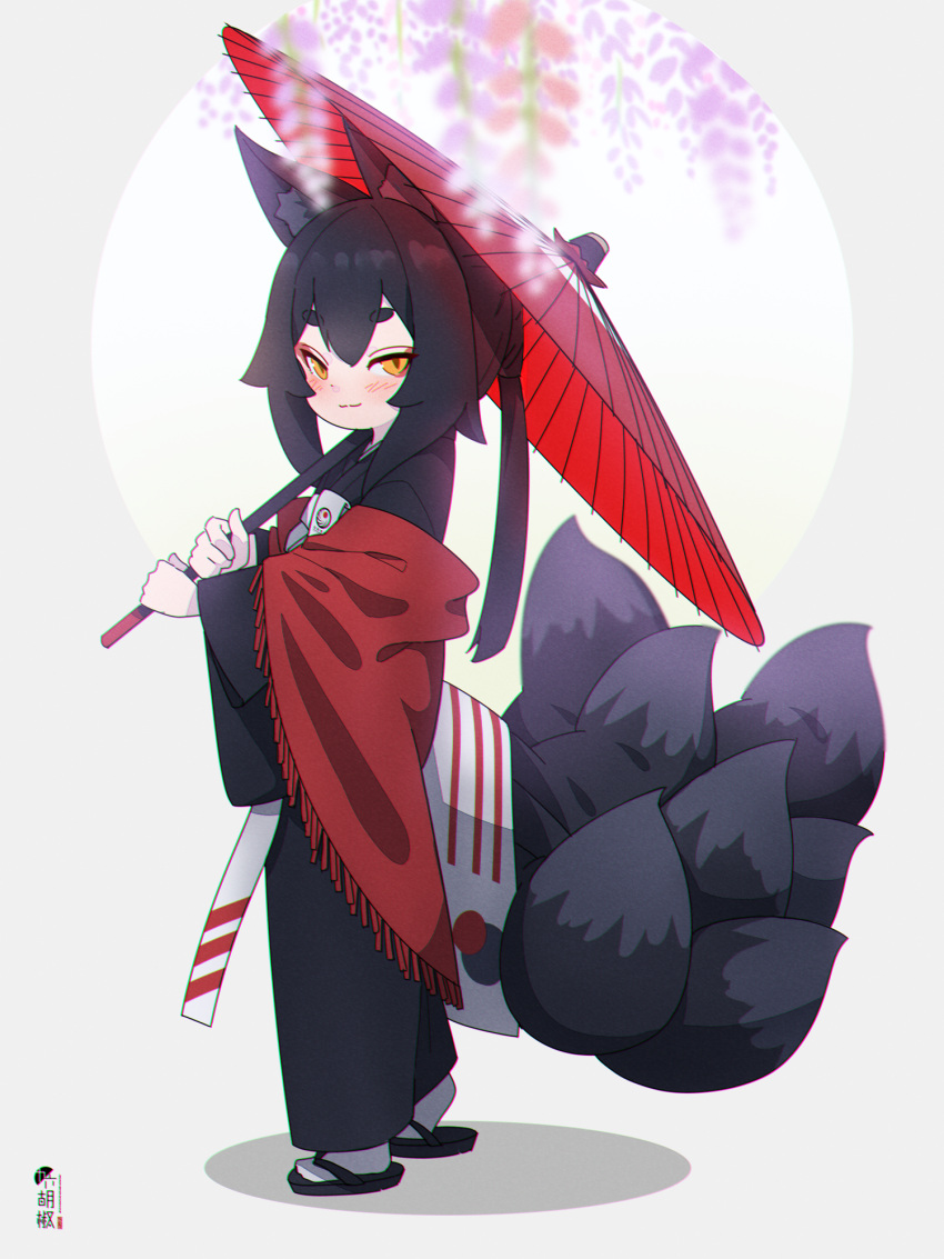 1girl animal_ear_fluff animal_ears bangs black_footwear black_hair black_kimono black_tail blurry blurry_foreground blush closed_mouth commentary_request depth_of_field eyebrows_visible_through_hair flower fox_ears fox_girl fox_tail fringe_trim grey_background highres holding holding_umbrella japanese_clothes kimono kitsune kuro_kosyou long_sleeves looking_at_viewer oil-paper_umbrella orange_eyes original purple_flower red_umbrella short_eyebrows smile socks solo tabi tail thick_eyebrows umbrella white_legwear wide_sleeves wisteria zouri