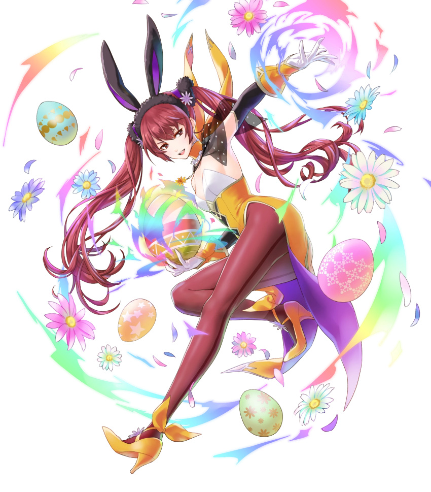 1girl animal_ears armpits bangs choker egg fake_animal_ears fire_emblem fire_emblem_awakening fire_emblem_heroes flower gloves hair_ornament high_heels highres holding kaya8 leg_up leotard lips long_hair looking_at_viewer looking_away official_art open_mouth pantyhose petals rabbit_ears red_eyes redhead see-through severa_(fire_emblem) shiny shiny_hair sleeveless smile solo strapless strapless_leotard tied_hair transparent_background twintails