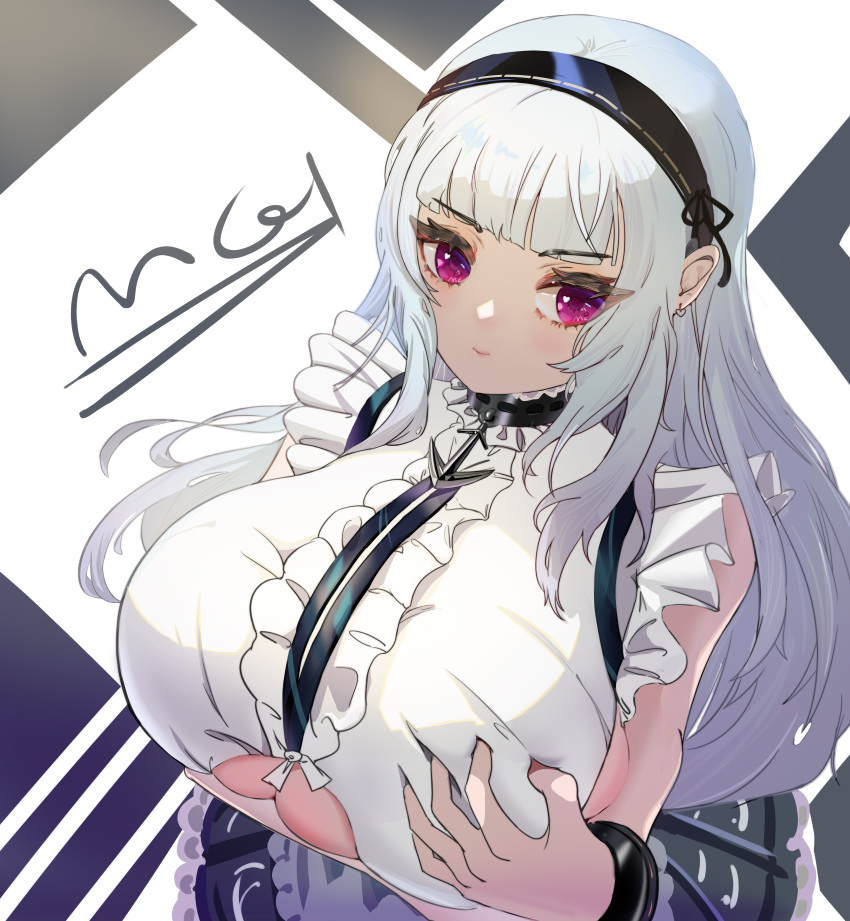 1girl absurdres anchor_symbol azur_lane black_hairband breast_grab breasts center_frills clothing_cutout collar dido_(azur_lane) earrings eyebrows_visible_through_hair frills grabbing grabbing_own_breast hairband heart heart_earrings highres huge_breasts jewelry metal_collar mr-mc shirt simple_background sleeveless sleeveless_shirt solo under_boob underboob_cutout violet_eyes white_hair white_shirt