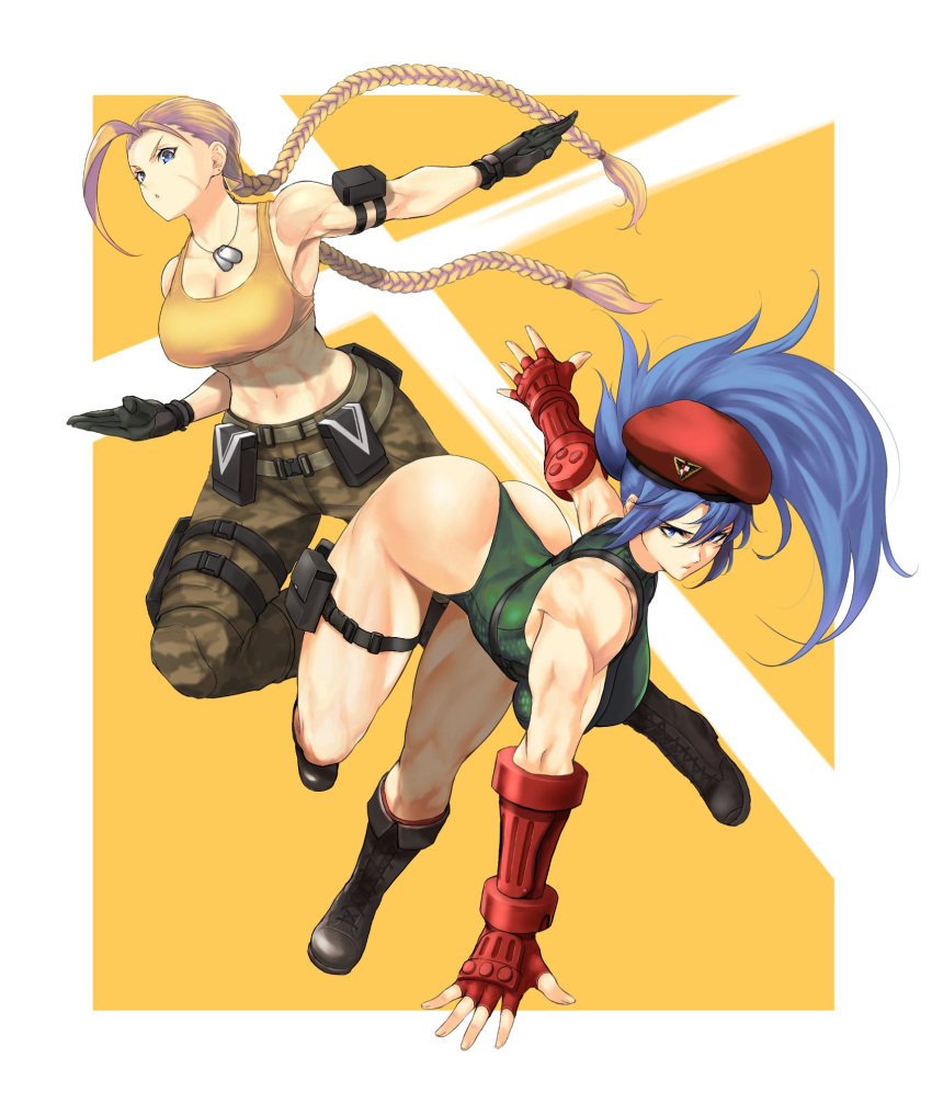 2girls abs anagumasan ass bare_arms beret biceps blonde_hair blue_eyes blue_hair blush braid breasts cammy_white cammy_white_(cosplay) camouflage commentary cosplay costume_switch crop_top crossover english_commentary fingerless_gloves full_body gloves green_leotard hat highres large_breasts leona_heidern leona_heidern_(cosplay) leotard long_hair midriff multiple_girls muscular muscular_female navel ponytail pouch shoulders skin_tight street_fighter the_king_of_fighters twin_braids