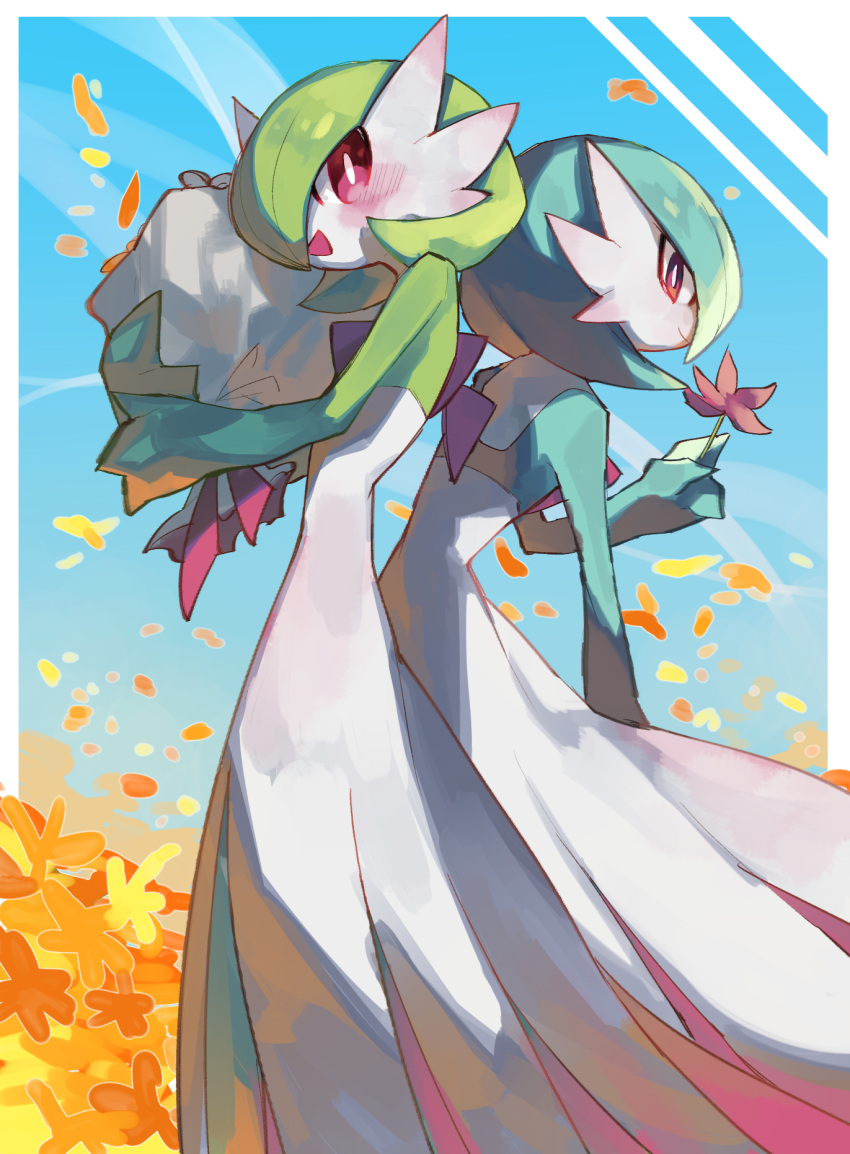 2girls bangs blue_background blue_hair blue_skin blue_sky blush bob_cut border bouquet chikichi colored_skin commentary_request day field flat_chest flower flower_field from_behind from_side gardevoir gen_3_pokemon green_hair green_skin hair_over_one_eye hand_up hands_up happy highres holding holding_bouquet holding_flower looking_at_viewer looking_back multicolored multicolored_skin multiple_girls open_mouth orange_flower outdoors outside_border petals pokemon pokemon_(creature) red_eyes red_flower short_hair sky smile standing two-tone_skin white_border white_skin yellow_flower