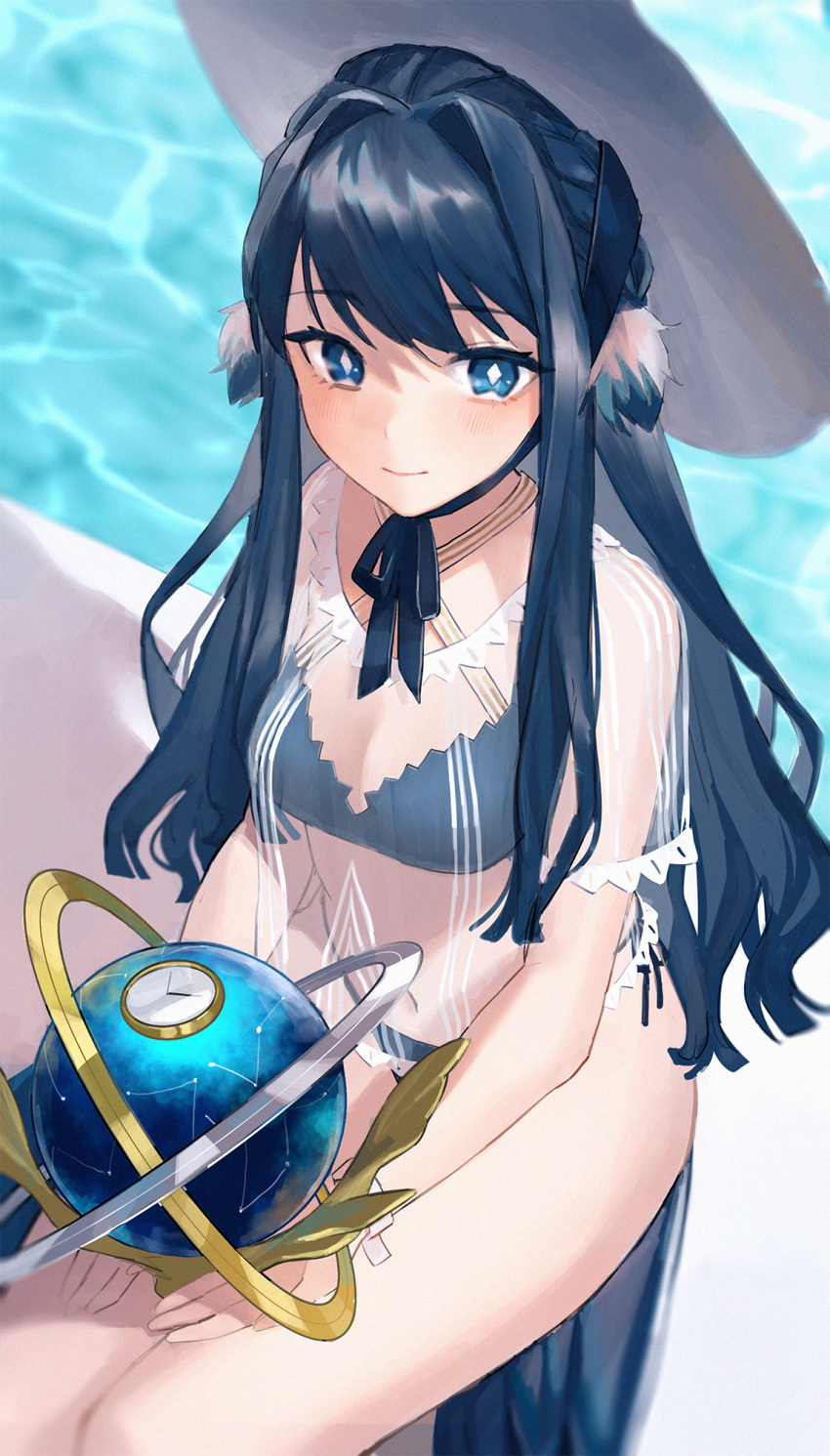 1girl arknights astesia_(arknights) bangs bikini blue_bikini blue_eyes blue_hair commentary_request criss-cross_halter hair_intakes halterneck highres jfjf long_hair looking_at_viewer navel partial_commentary see-through shirt short_sleeves sitting smile solo swimsuit thighs water white_headwear