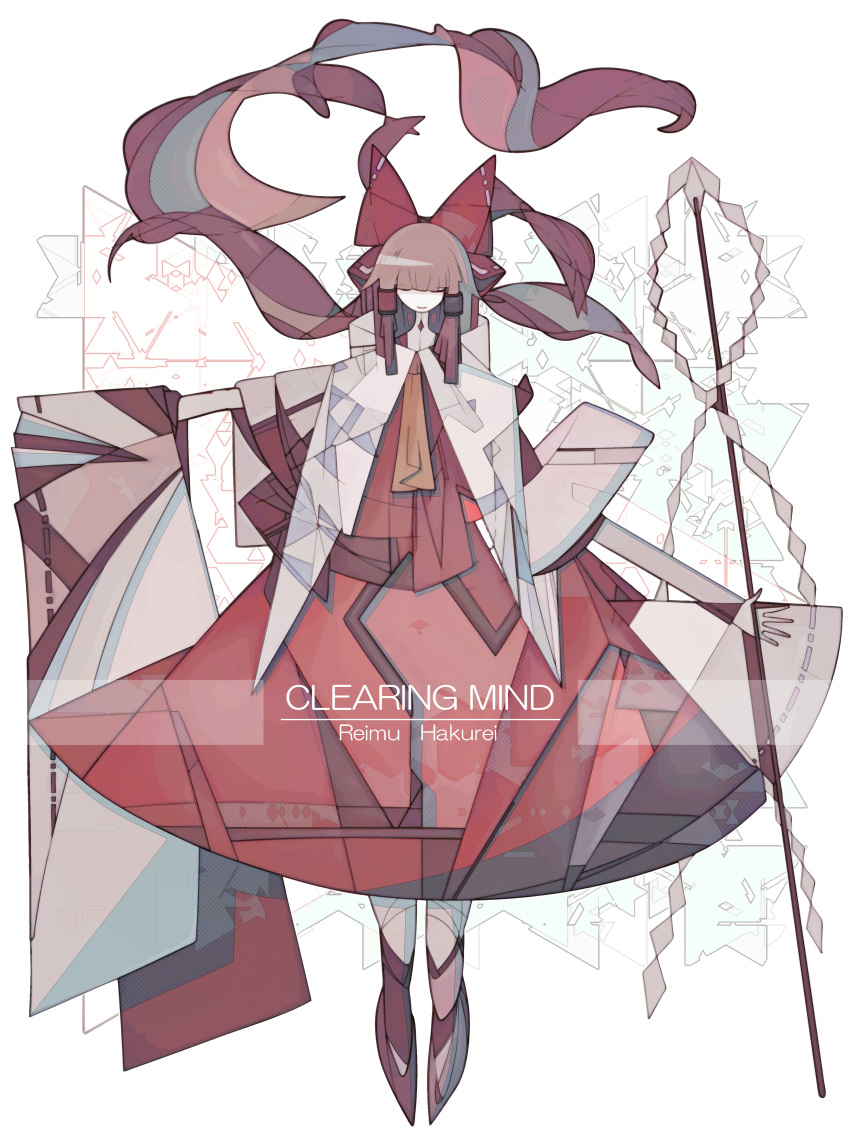 1girl absurdres ascot bangs bow brown_hair capelet character_name closed_eyes closed_mouth cubism detached_sleeves gohei hair_bow hair_tubes hakurei_reimu harano_kaguyama highres medium_hair nontraditional_miko red_bow sidelocks smile standing touhou white_background wide_sleeves yellow_neckwear