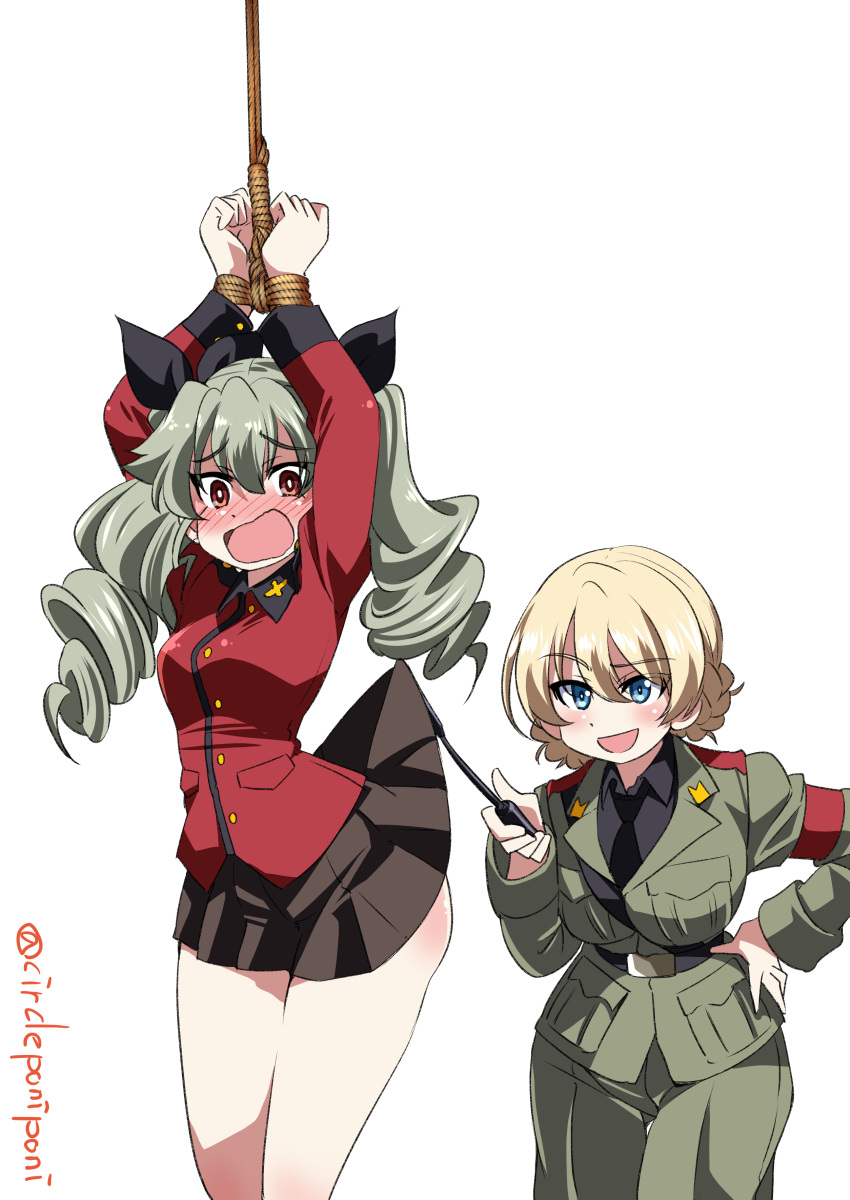 2girls absurdres anchovy_(girls_und_panzer) anchovy_(girls_und_panzer)_(cosplay) anzio_military_uniform arms_up bangs belt black_neckwear black_ribbon black_skirt blonde_hair blue_eyes blush boots braid brown_eyes commentary_request cosplay darjeeling_(girls_und_panzer) darjeeling_(girls_und_panzer)_(cosplay) drill_hair embarrassed eyebrows_visible_through_hair frown girls_und_panzer green_hair grey_pants hair_ribbon hand_on_hip highres holding inoue_yoshihisa insignia jacket knee_boots lifted_by_another long_hair long_sleeves looking_at_another looking_at_viewer military military_uniform miniskirt multiple_girls necktie open_mouth pants pleated_skirt red_eyes red_jacket restrained ribbon riding_crop sam_browne_belt short_hair simple_background skirt skirt_lift smile st._gloriana's_military_uniform standing textless tied_hair twin_braids twin_drills twintails twitter_username uniform white_background