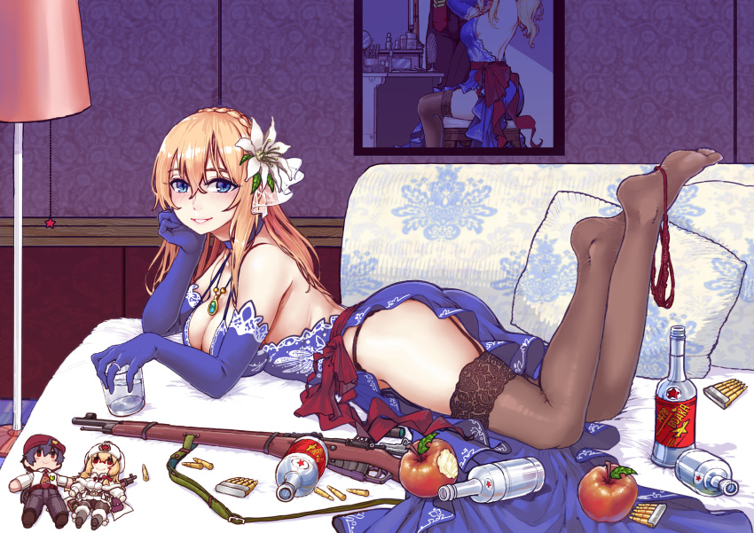 1girl absurdres apple bitten_apple black_legwear blonde_hair blue_dress blue_eyes blue_gloves bolt_action bottle breasts bullet clip_(weapon) dress elbow_gloves feet_up flower food fruit garter_belt girls_frontline glass gloves gun hair_flower hair_ornament highres holding_glass jewelry long_hair looking_at_viewer lying medium_breasts mosin-nagant mosin-nagant_(girls_frontline) necklace on_stomach panties panties_removed red_panties rifle sleeveless sleeveless_dress solo the_pose thigh-highs underwear weapon white_flower z.s.w.